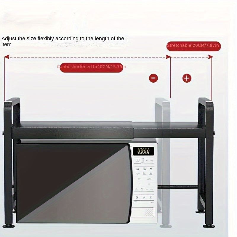 Expandable Carbon Steel Microwave Oven Rack with 6 Hooks – Countertop Kitchen Organizer for Utensils & Tableware