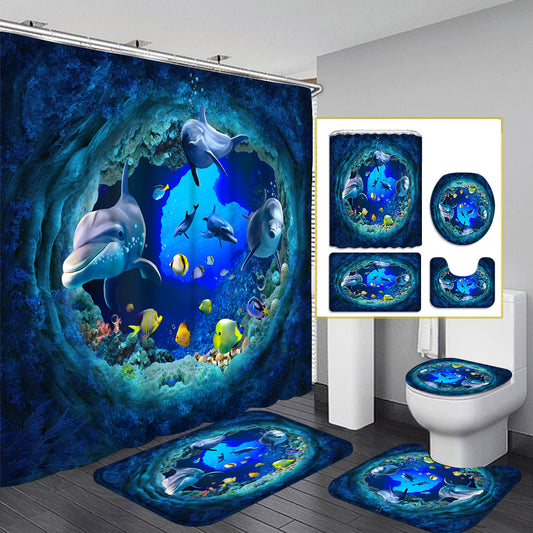 4-Piece Submarine World Shower Curtain Set – Ocean Theme with Toilet Mat, Lid Cover & Rug