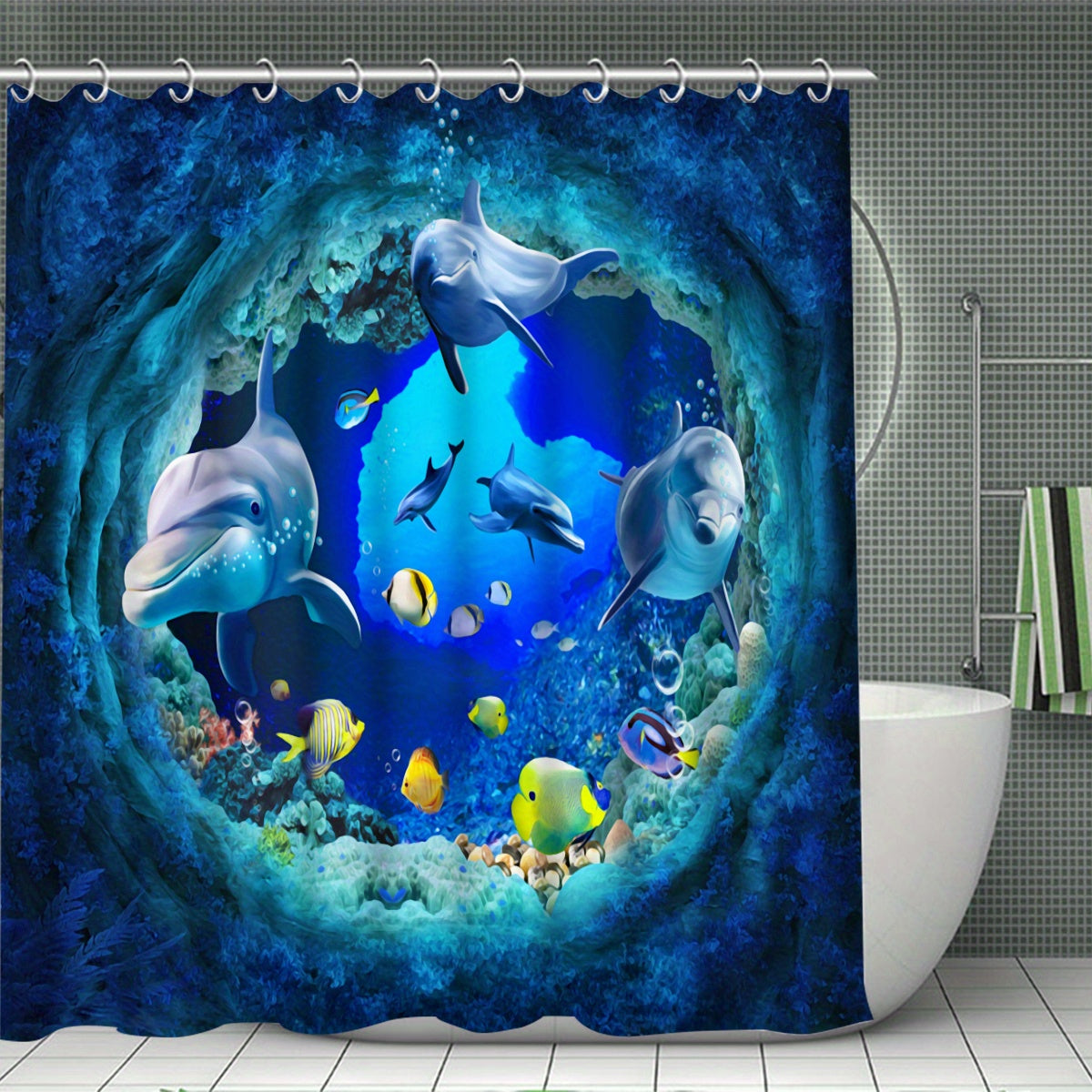 4-Piece Submarine World Shower Curtain Set – Ocean Theme with Toilet Mat, Lid Cover & Rug