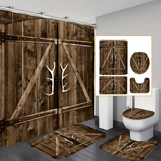 4-Piece Rustic Antler Shower Curtain Set – Wooden Door Design with Toilet Mat, Lid Cover & Rug