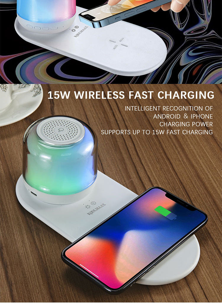Bluetooth Speaker with Wireless Charging & Night Light – 3-in-1 Bedside Companion