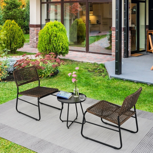3-Piece Outdoor Patio Furniture Set – Vintage-Inspired PE Rattan Chairs & Round Table, Brown and Gray Wicker with Steel Frame