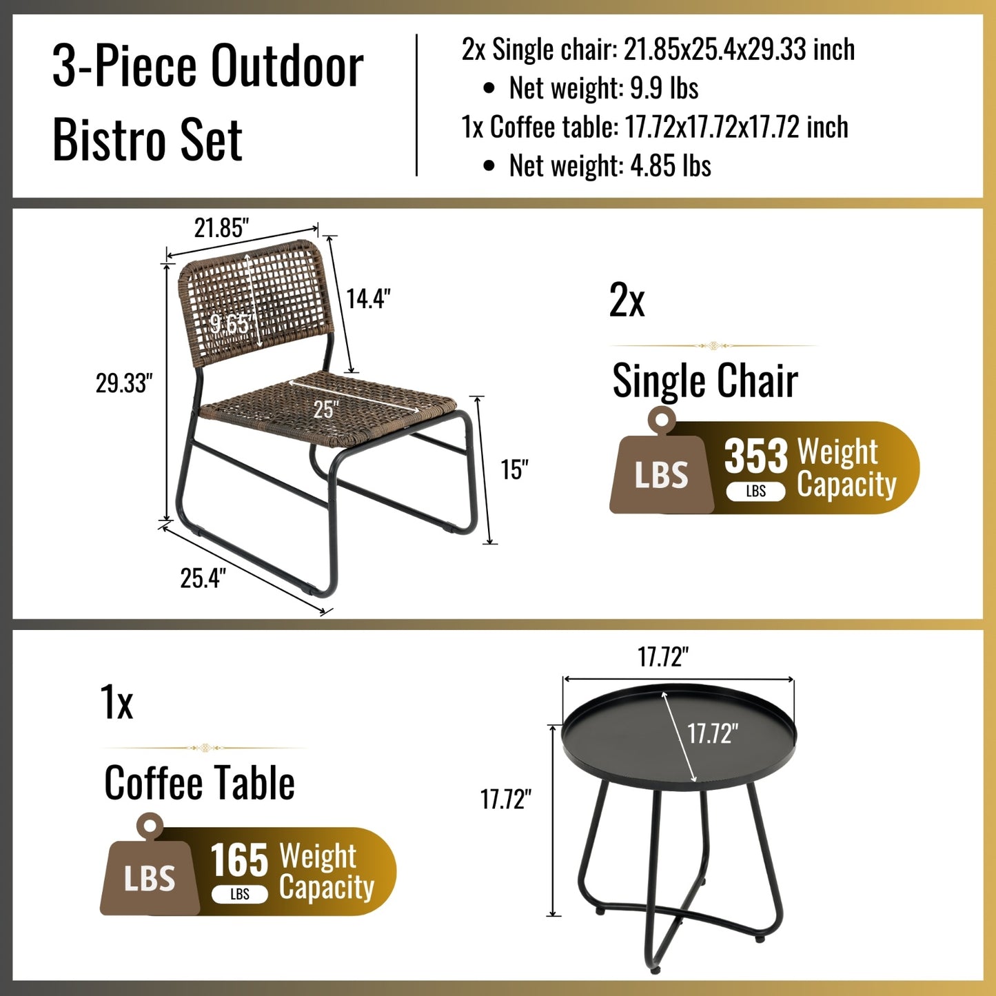 3-Piece Outdoor Patio Furniture Set – Vintage-Inspired PE Rattan Chairs & Round Table, Brown and Gray Wicker with Steel Frame