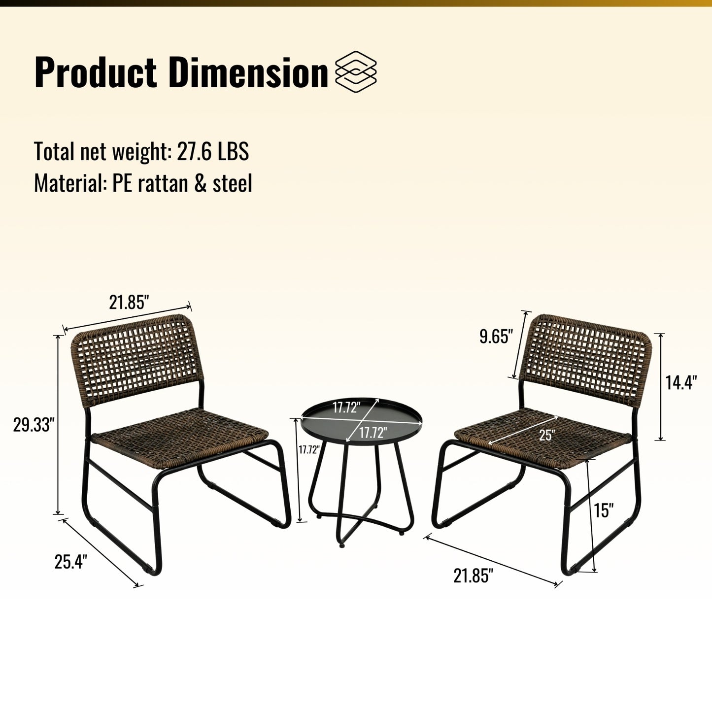 3-Piece Outdoor Patio Furniture Set – Vintage-Inspired PE Rattan Chairs & Round Table, Brown and Gray Wicker with Steel Frame