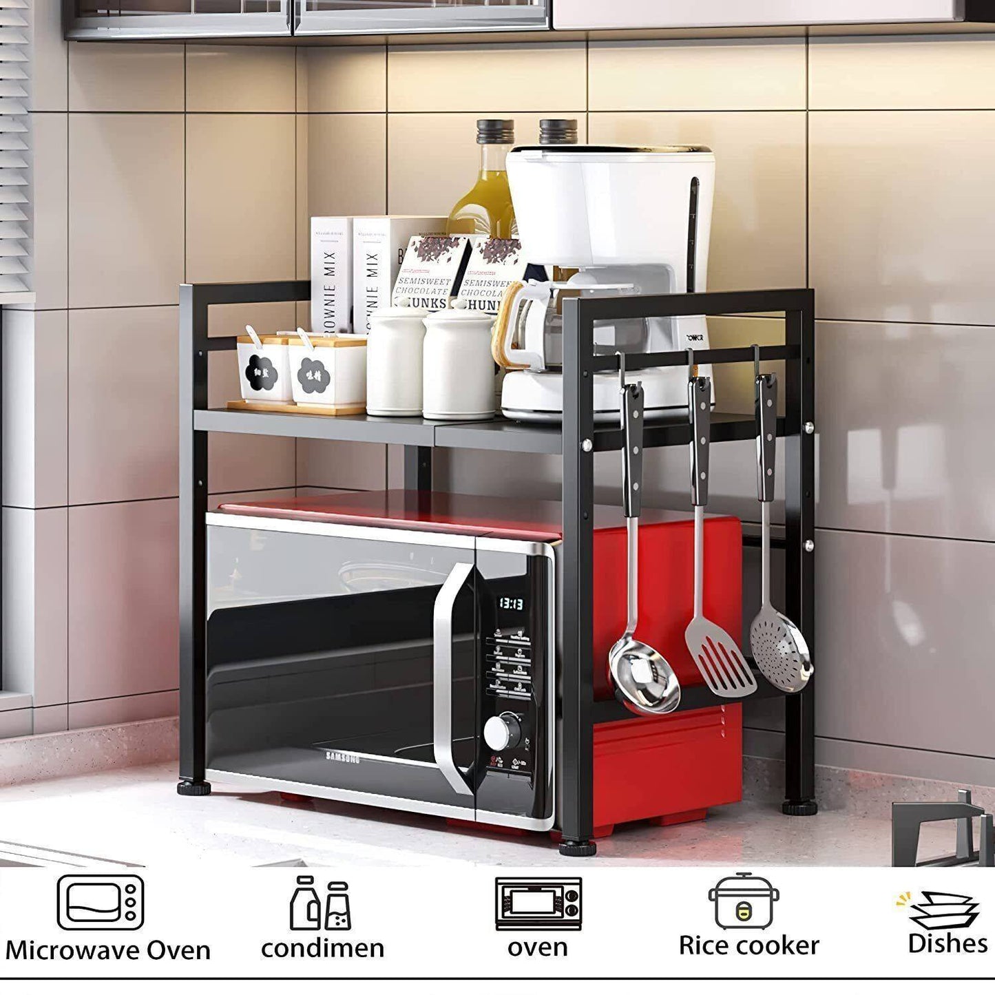 Black Single-Layer Kitchen Storage Rack – Double Bar with 6 Hooks & Extendable Design