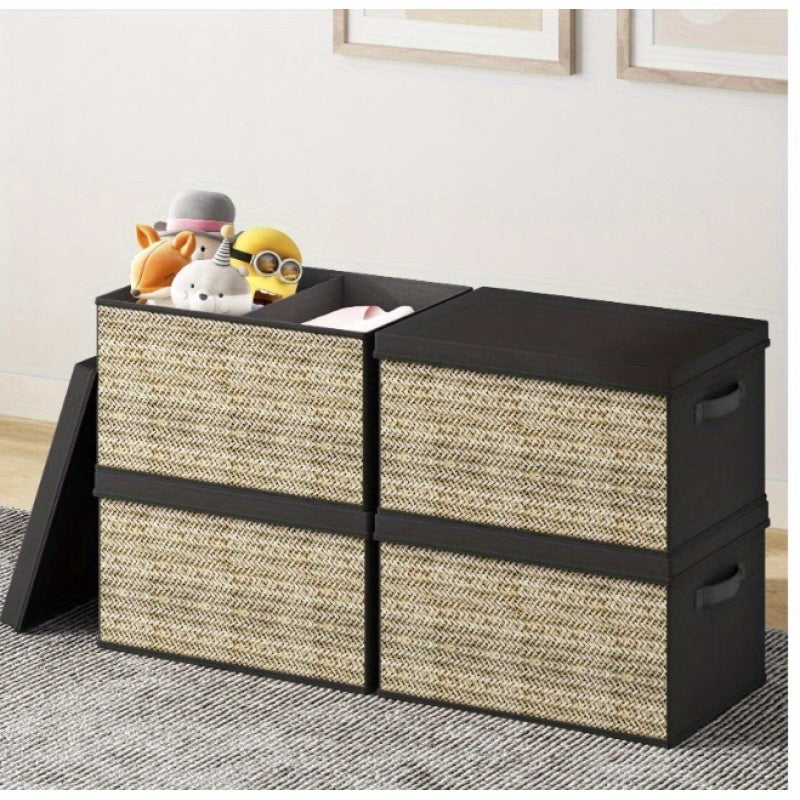 4-Pack Rattan Rectangular Storage Bins with Lids & Handles – Collapsible Fabric Organizers for Toys, Clothes & More – Multipurpose, Non-Waterproof, Outdoor Storage Boxes