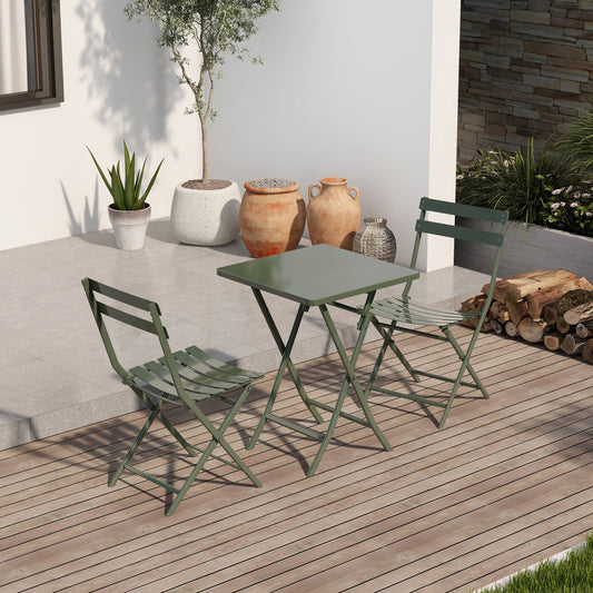 3 Piece Patio Bistro Set of Foldable Square Table and Chairs, Dark Green