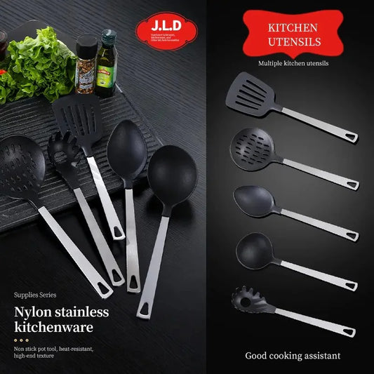 Premium 5-Piece Kitchen Utensil Set – Stainless Steel Handles & Heat-Resistant Nylon Heads (Black)