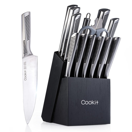 15-Piece Professional Kitchen Knife Set with Wooden Block – High Carbon Stainless Steel Blades & Ergonomic Handles