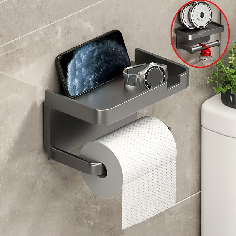 Modern Wall-Mounted Toilet Paper Holder – Black Plastic with Phone Tray, No-Drill & Easy to Install