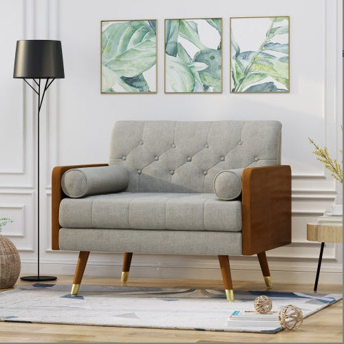 Mid-Century Modern Beige Club Chair with Tufted Upholstery & Gold-Tipped Legs