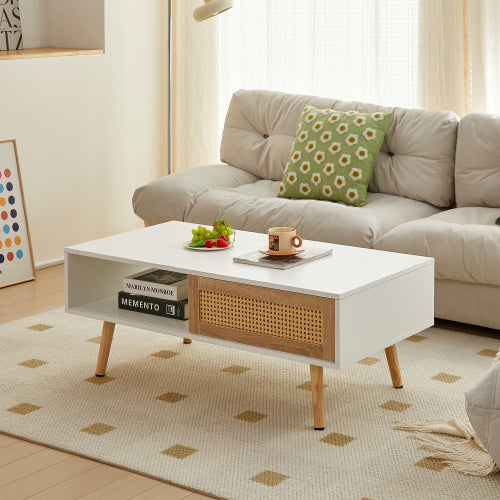 Rattan Coffee Table – Sliding Door Storage with Solid Wood Legs (White)