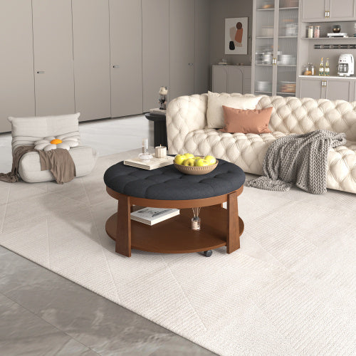 Modern 2-Tier Round Ottoman Coffee Table – Button Tufted, Mobile & Stylish