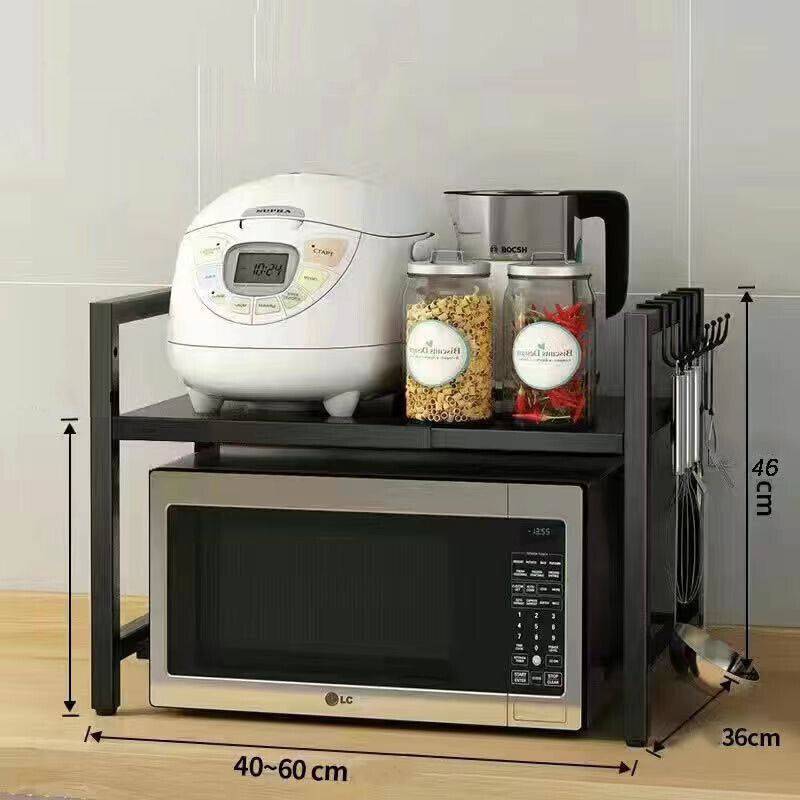 Black Single-Layer Kitchen Storage Rack – Double Bar with 6 Hooks & Extendable Design