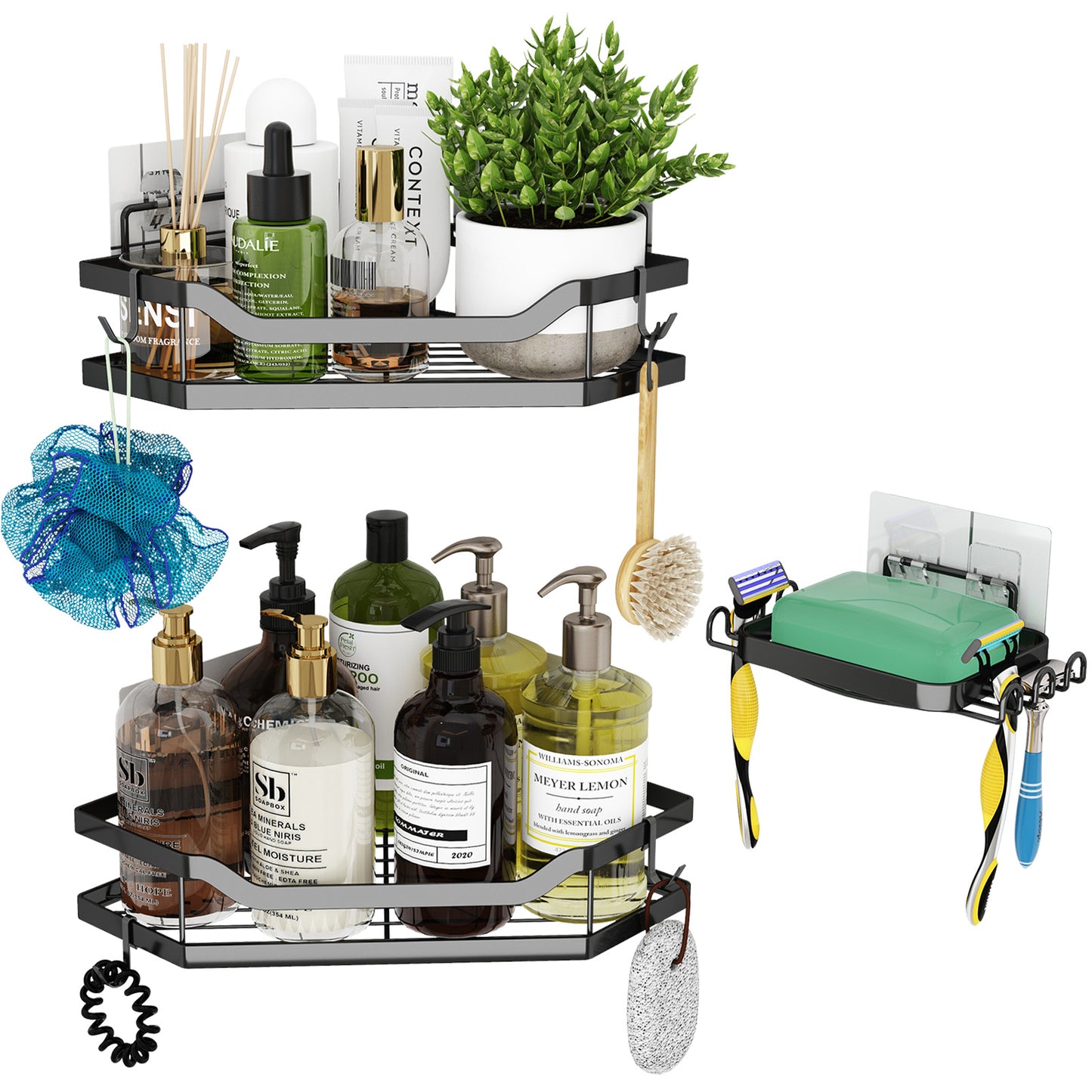 L-Shaped Corner Shower Rack – No-Drill Stainless Steel Shower Caddy with Hooks &amp; Adhesive Mount
