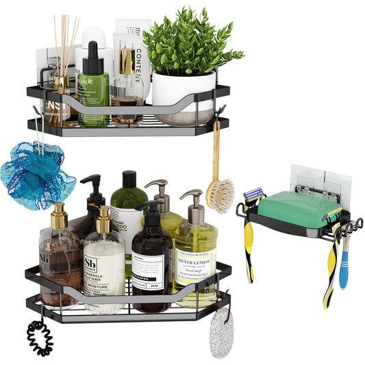L-Shaped Corner Shower Rack – No-Drill Stainless Steel Shower Caddy with Hooks &amp; Adhesive Mount