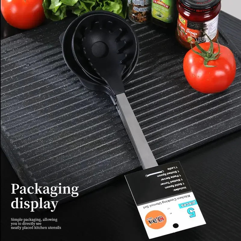 Premium 5-Piece Kitchen Utensil Set – Stainless Steel Handles & Heat-Resistant Nylon Heads (Black)