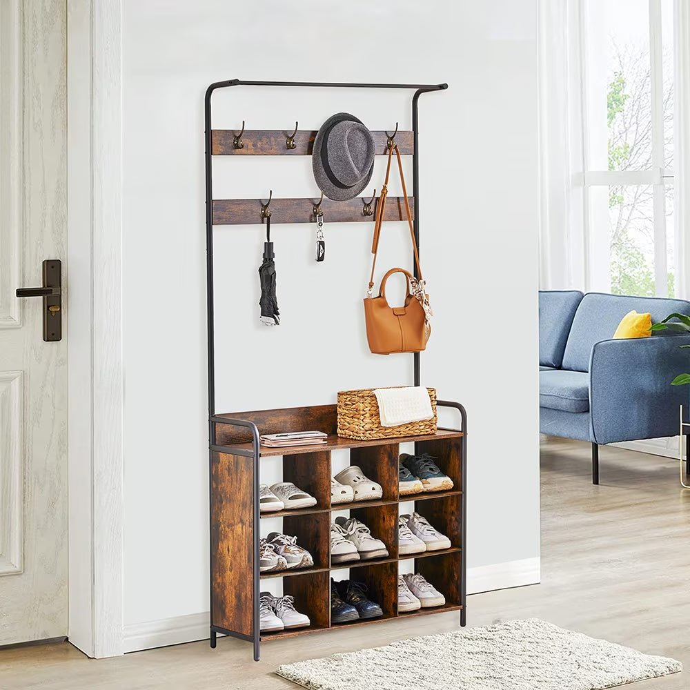 3-in-1 Coat Rack & Shoe Storage Tree – Freestanding Entryway Organizer with Hooks & Hanging Rail