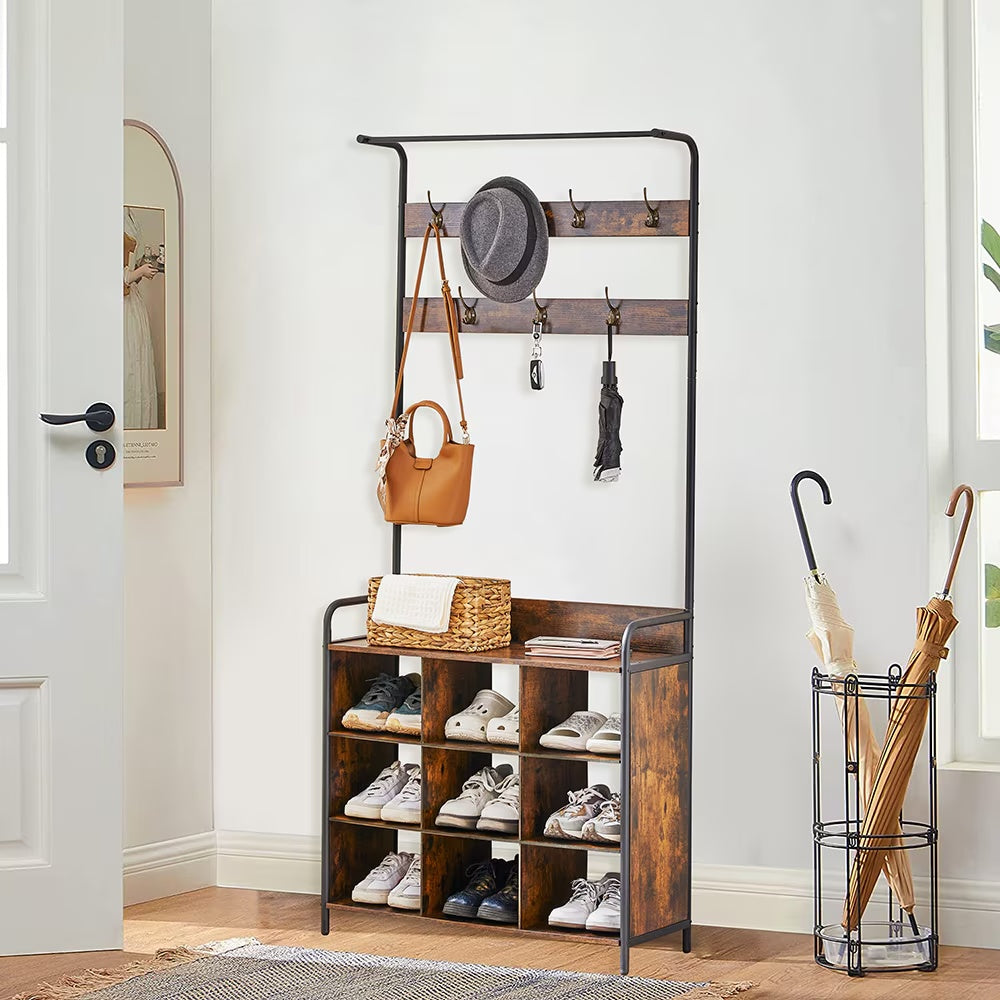 3-in-1 Coat Rack & Shoe Storage Tree – Freestanding Entryway Organizer with Hooks & Hanging Rail