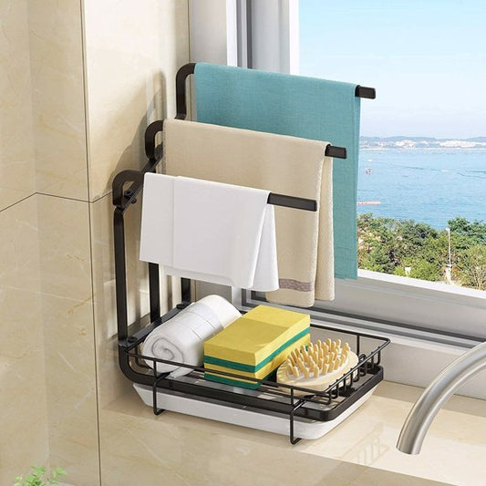 Stainless Steel Sink Sponge Holder with Towel Rack & Drip Tray – Space-Saving Kitchen Organizer