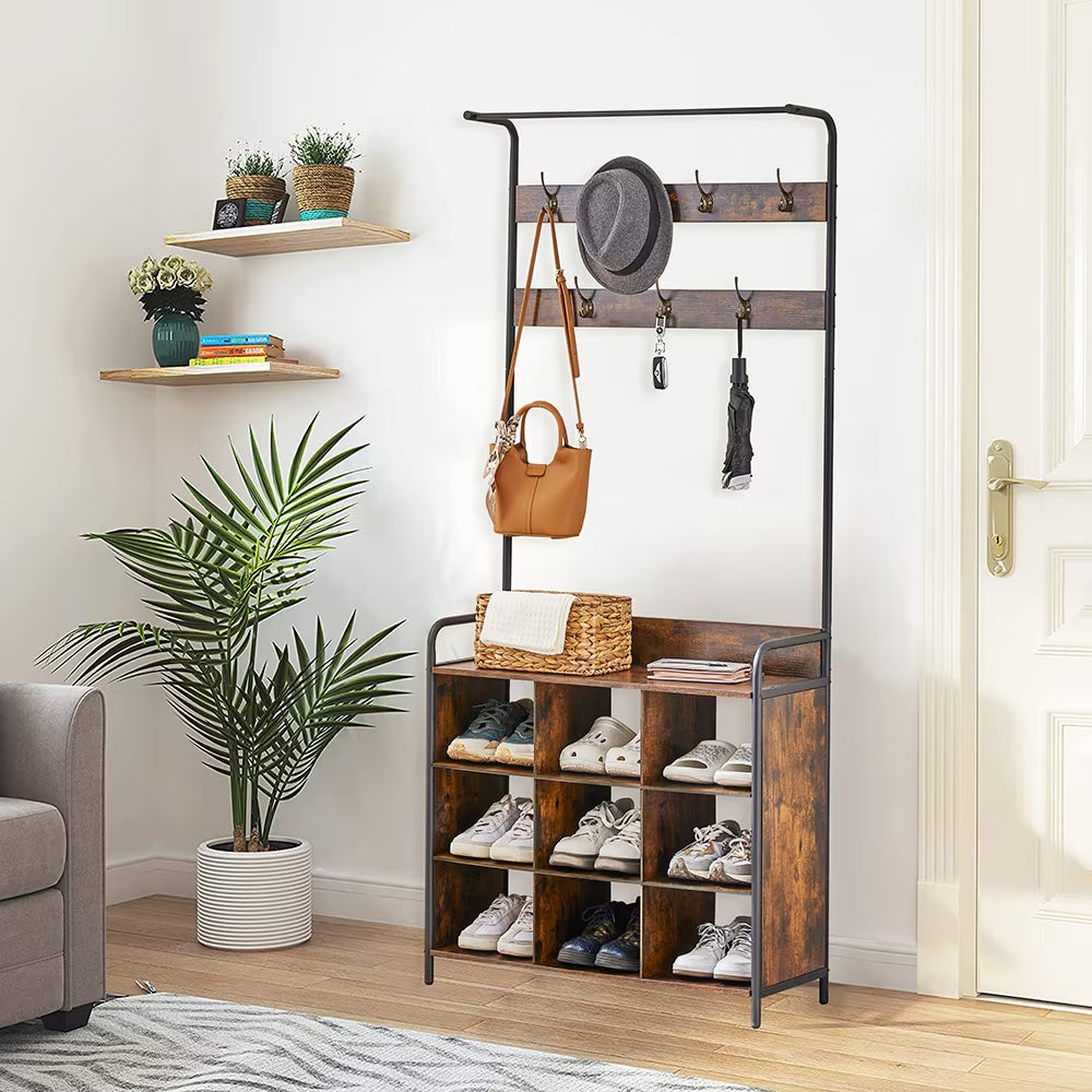 3-in-1 Coat Rack & Shoe Storage Tree – Freestanding Entryway Organizer with Hooks & Hanging Rail