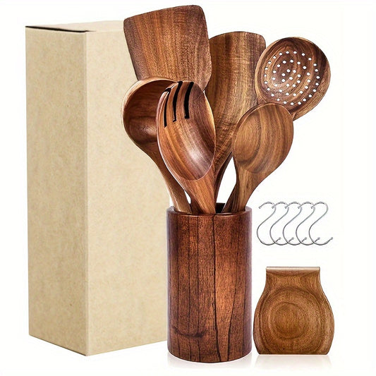 Teak Wooden Cooking Utensil Set – 8-Piece Nonstick Kitchen Tools with Spoon Rest & Hooks