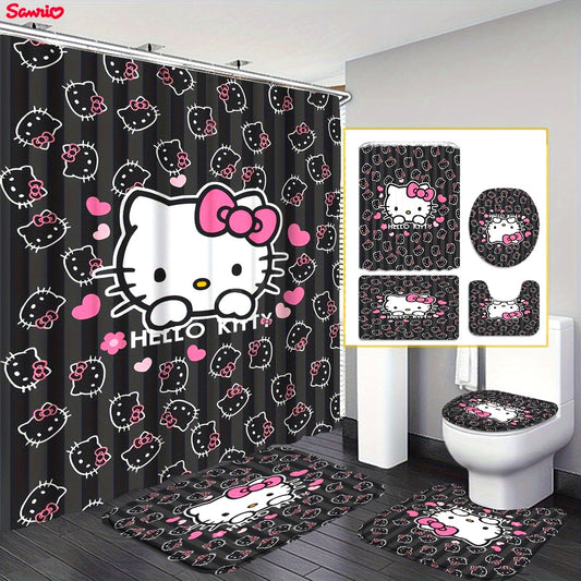 1/4-Piece Hello Kitty Shower Curtain Set – Waterproof &amp; Anti-Mold with Non-Slip Rugs, Toilet Lid Cover & Bath Mat