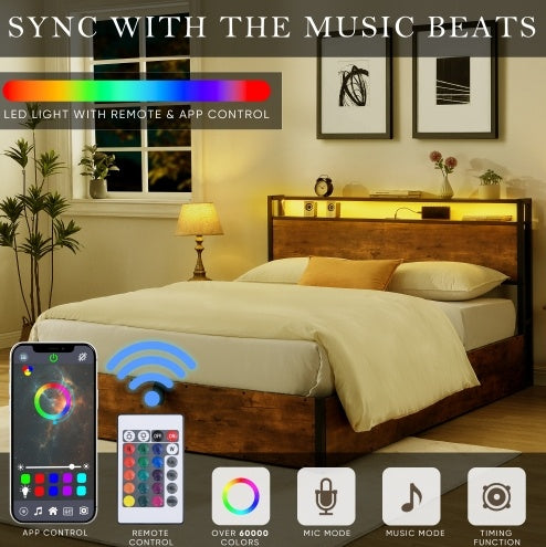 Wooden Platform Bed Frame with Lift-Up Storage & Built-In Charging Station