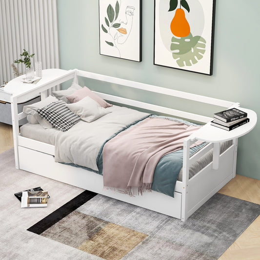 Twin Size Daybed with Trundle and Foldable Shelves on Both Sides – Space-Saving White Wood Frame for Bedroom