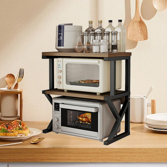 2-Tier Heavy Duty Baker’s Rack – Kitchen Microwave Stand with Storage Shelf (Walnut Finish)