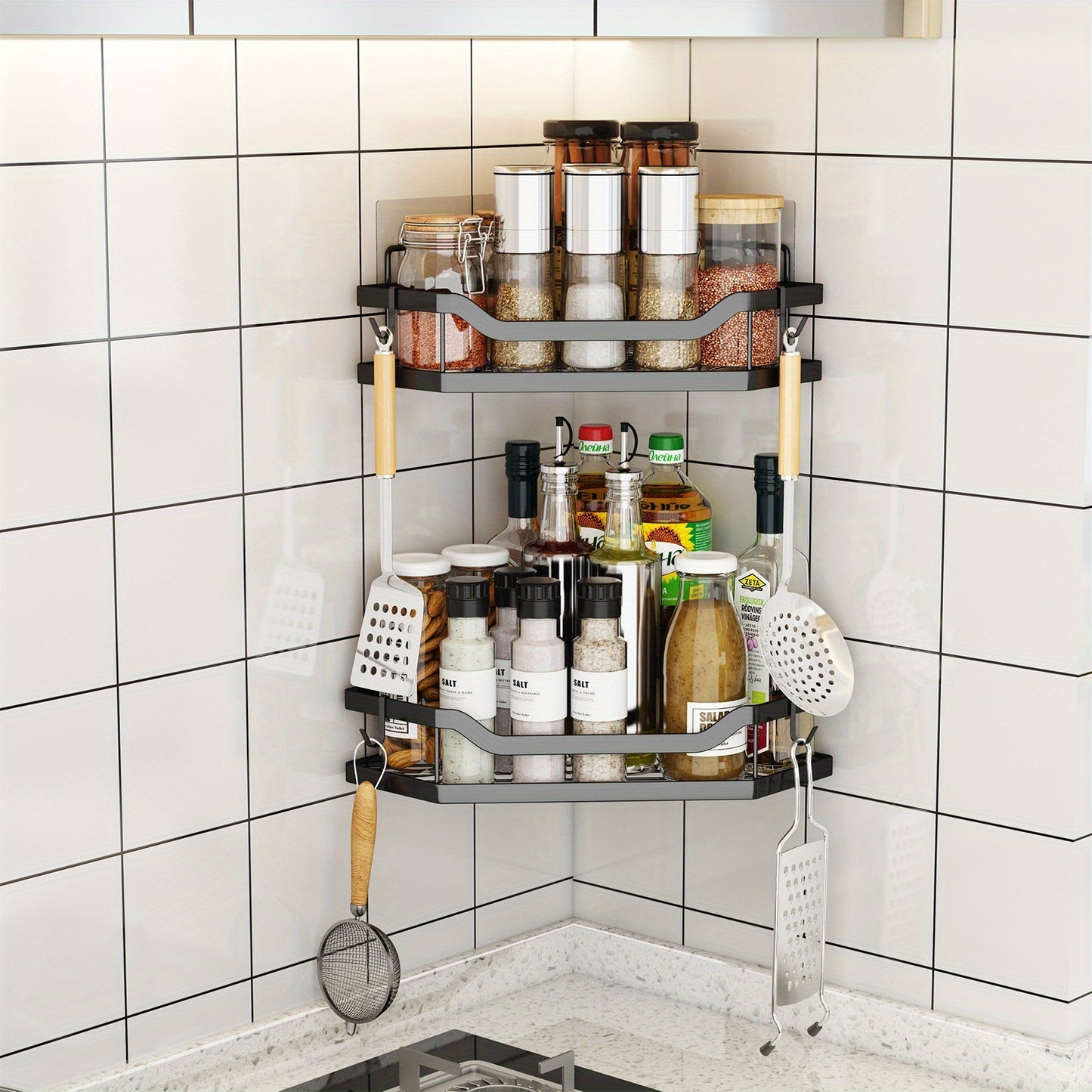 L-Shaped Corner Shower Rack – No-Drill Stainless Steel Shower Caddy with Hooks &amp; Adhesive Mount