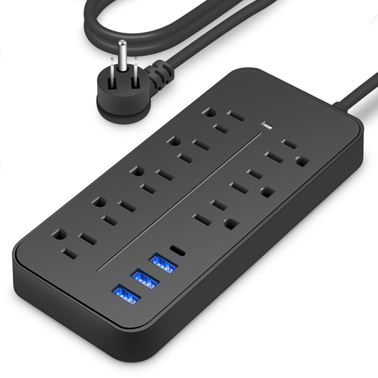 Surge Protector Power Strip – 8 AC Outlets, 3 USB + 1 USB-C Port, Flat Plug with Angled Design (Black/White)
