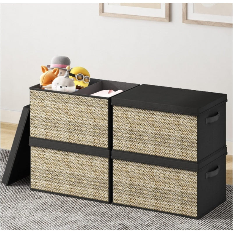 4-Pack Rattan Rectangular Storage Bins with Lids & Handles – Collapsible Fabric Organizers for Toys, Clothes & More – Multipurpose, Non-Waterproof, Outdoor Storage Boxes