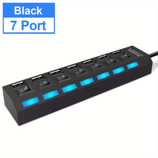 USB 2.0 Hub with 4/7 Ports and LED Indicators – Powered Adapter with On/Off Switches, 5V Operating Voltage for Laptop, PC & Computer Accessories