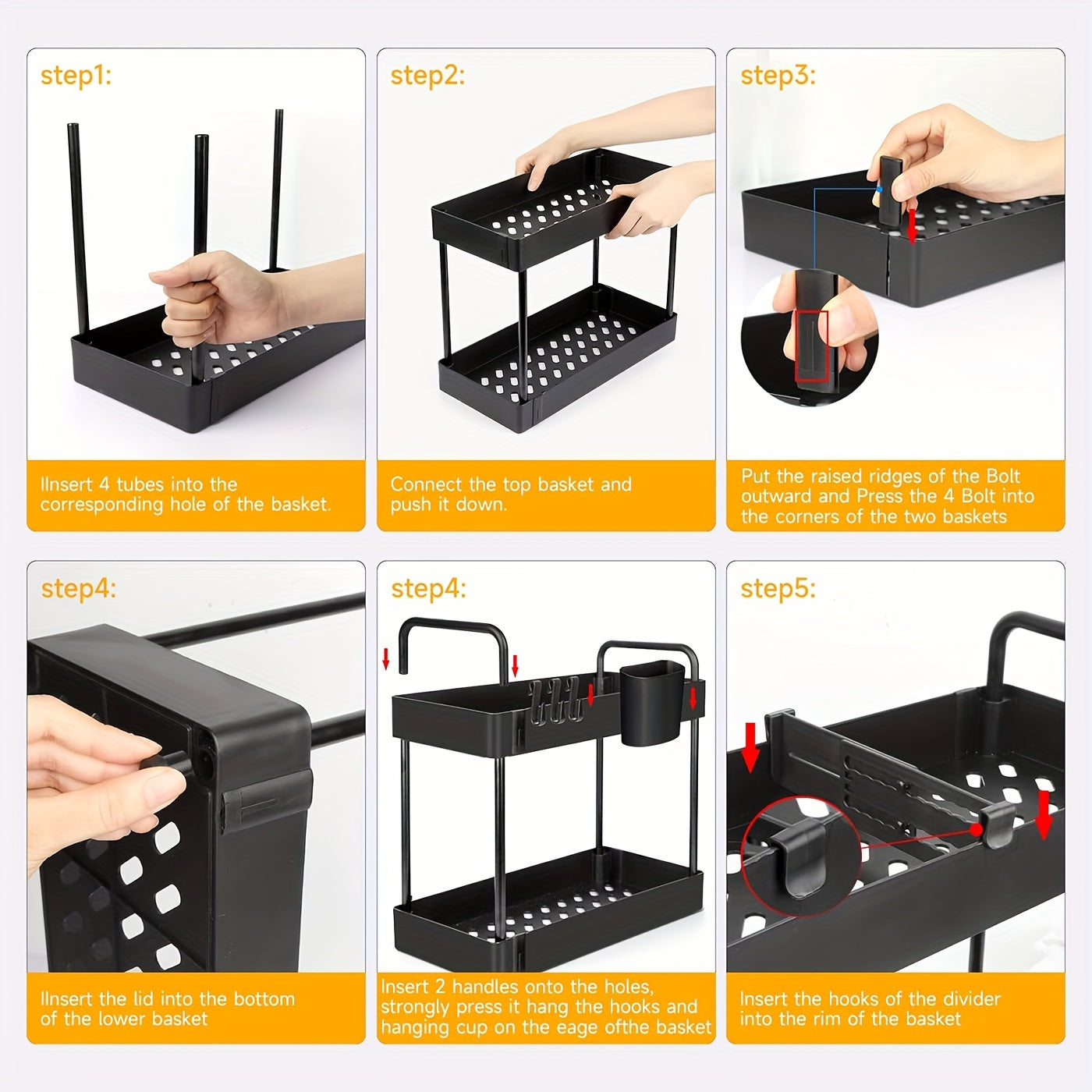 3-Piece Leak-Proof Pull-Out Organizer Set – 2-Tier Under Sink Storage with Dividers, Hooks, Cup & Handles – Large Capacity for Kitchen & Bathroom