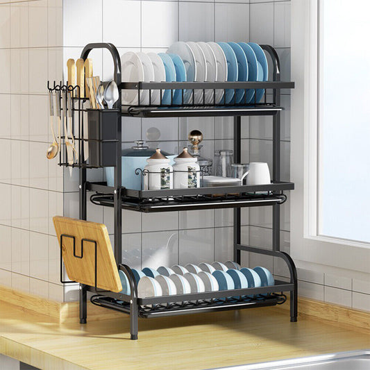 3-Tier Large Capacity Dish Drying Rack with Utensil & Cutting Board Holder – Space-Saving Kitchen Organizer (Black)