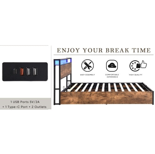Wooden Platform Bed Frame with Lift-Up Storage & Built-In Charging Station