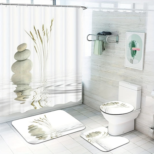 4-Piece Stone Print Shower Curtain Set – Waterproof Bathroom Set with Rugs, Toilet Lid Cover & 12 Hooks (180×180cm)