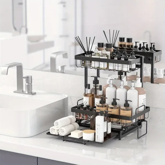2-Tier Metal Under Sink Organizer with Sliding Drawer – Pull-Out Storage Rack for Kitchen &amp; Bathroom
