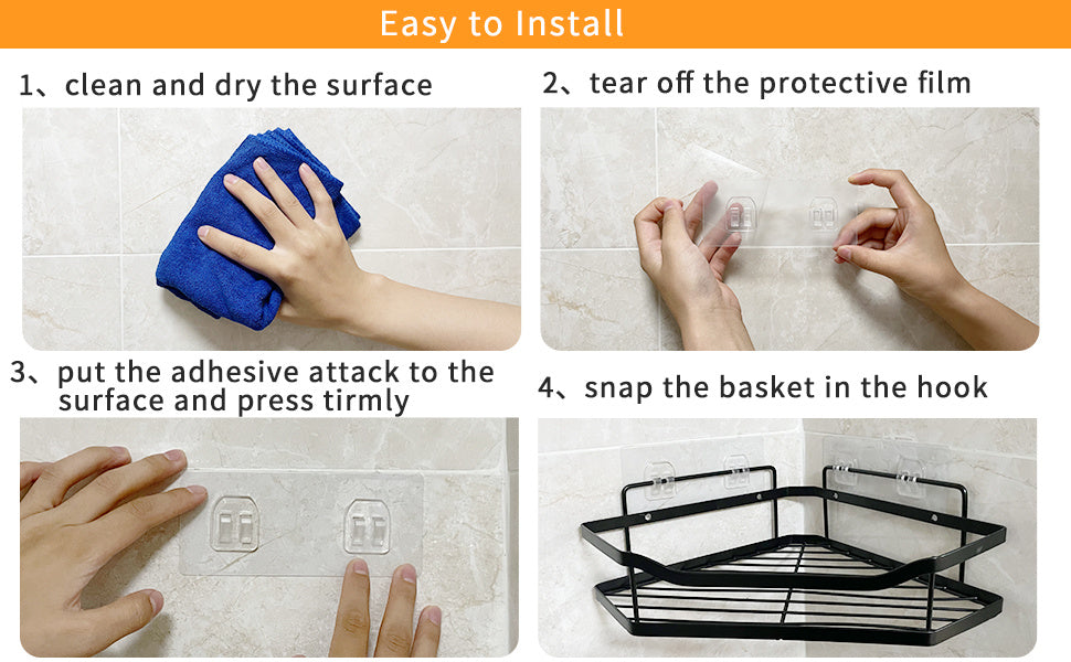 L-Shaped Corner Shower Rack – No-Drill Stainless Steel Shower Caddy with Hooks &amp; Adhesive Mount