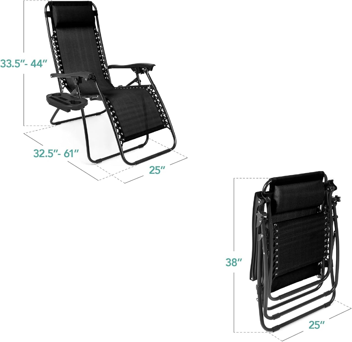 Adjustable Zero Gravity Lounge Chairs (Set of 2) – Mesh with Pillows & Side Trays - Multiple colors
