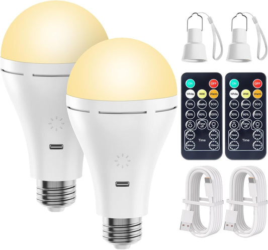 Brightown USB Rechargeable Light Bulb with Remote and Timer, Battery Emergency Light Bulbs for Home Power Outage, Hanging LED Light Bulb with Hook for Outdoor Camping Tent, 700LM, 6000K, 2 Pack