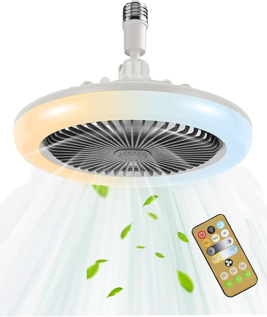 Enclosed Ceiling Fan with Light and Remote, 10 Inch Screw in Fan Light Mini Bladeless Ceiling Fans, 3 Fan Speeds Dimmable 3 Light Colors for Garage Tool Room Hallway, No Wiring Required