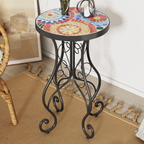 Colorful Outdoor Side Table – Ceramic Tile Top with Black Iron Frame, 14" Round Patio Accent Table