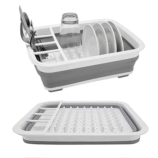 Foldable Plastic Dish Drying Rack – Kitchen Storage Organizer with Drain Tray