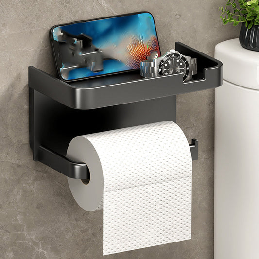 Modern Wall-Mounted Toilet Paper Holder – Black Plastic with Phone Tray, No-Drill & Easy to Install