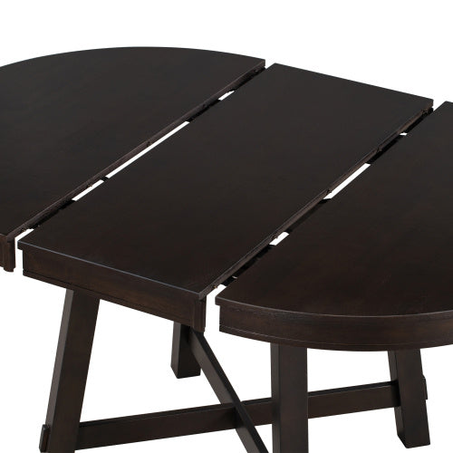 55" Farmhouse Round Extendable Dining Table – Solid Wood Kitchen Table with 16" Leaf, Espresso Finish