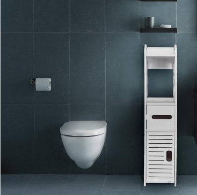 Slim Bathroom Storage Cabinet – Waterproof Wood-Plastic Organizer with Toilet Paper Rack & Drawer (White)