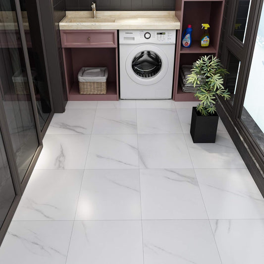 Livelynine White Peel and Stick Floor Tile 16pcs 12X12 Inch Stick on Floor Tiles Bathroom Vinyl Flooring Peel and Stick Tile Floor Stickers Kitchen Bedroom Renter Friendly Laminate Flooring Waterproof