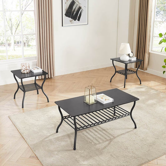Contemporary 3-Piece Coffee Table Set – Rectangular Center Table with Matching Side Tables